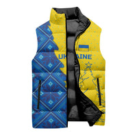Ukraine Christmas Sleeveless Puffer Jacket with Yellow and Blue Tree Design and Traditional Embroidery - Wonder Print Shop