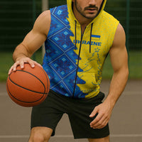 Ukraine Christmas Sleeveless Zip Hoodie with Yellow and Blue Tree Design and Traditional Embroidery - Wonder Print Shop