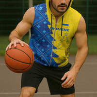 Ukraine Christmas Sleeveless Zip Hoodie with Yellow and Blue Tree Design and Traditional Embroidery - Wonder Print Shop