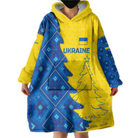Ukraine Christmas Wearable Blanket Hoodie with Yellow and Blue Tree Design and Traditional Embroidery - Wonder Print Shop