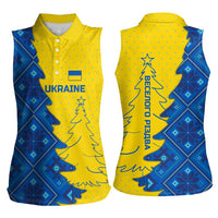 Ukraine Christmas Women Sleeveless Polo Shirt with Yellow and Blue Tree Design and Traditional Embroidery - Wonder Print Shop