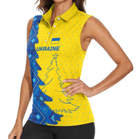 Ukraine Christmas Women Sleeveless Polo Shirt with Yellow and Blue Tree Design and Traditional Embroidery - Wonder Print Shop
