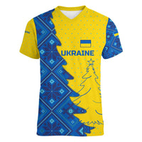 Ukraine Christmas Women V-Neck T-Shirt with Yellow and Blue Tree Design and Traditional Embroidery - Wonder Print Shop