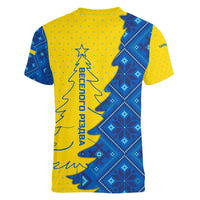Ukraine Christmas Women V-Neck T-Shirt with Yellow and Blue Tree Design and Traditional Embroidery - Wonder Print Shop