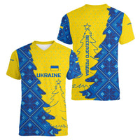 Ukraine Christmas Women V-Neck T-Shirt with Yellow and Blue Tree Design and Traditional Embroidery - Wonder Print Shop