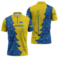 Ukraine Christmas Zipper Polo Shirt with Yellow and Blue Tree Design and Traditional Embroidery - Wonder Print Shop