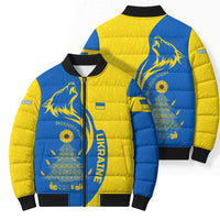 Ukraine Christmas Bomber Puffer Jacket with Howling Wolf Sunflower Tree and Traditional Ornament Design - Wonder Print Shop