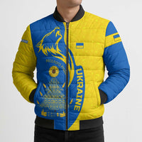 Ukraine Christmas Bomber Puffer Jacket with Howling Wolf Sunflower Tree and Traditional Ornament Design - Wonder Print Shop