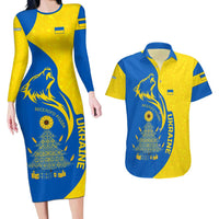 Ukraine Christmas Couples Matching Long Sleeve Bodycon Dress and Hawaiian Shirt with Howling Wolf Sunflower Tree and Traditional Ornament Design - Wonder Print Shop