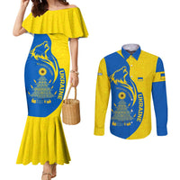 Ukraine Christmas Couples Matching Mermaid Dress and Long Sleeve Button Shirt with Howling Wolf Sunflower Tree and Traditional Ornament Design - Wonder Print Shop