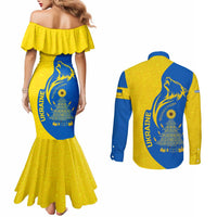 Ukraine Christmas Couples Matching Mermaid Dress and Long Sleeve Button Shirt with Howling Wolf Sunflower Tree and Traditional Ornament Design - Wonder Print Shop
