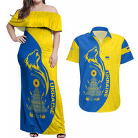 Ukraine Christmas Couples Matching Off Shoulder Maxi Dress and Hawaiian Shirt with Howling Wolf Sunflower Tree and Traditional Ornament Design - Wonder Print Shop