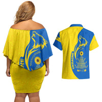 Ukraine Christmas Couples Matching Off Shoulder Short Dress and Hawaiian Shirt with Howling Wolf Sunflower Tree and Traditional Ornament Design - Wonder Print Shop