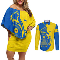 Ukraine Christmas Couples Matching Off Shoulder Short Dress and Long Sleeve Button Shirt with Howling Wolf Sunflower Tree and Traditional Ornament Design - Wonder Print Shop