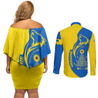 Ukraine Christmas Couples Matching Off Shoulder Short Dress and Long Sleeve Button Shirt with Howling Wolf Sunflower Tree and Traditional Ornament Design - Wonder Print Shop