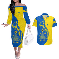 Ukraine Christmas Couples Matching Off The Shoulder Long Sleeve Dress and Hawaiian Shirt with Howling Wolf Sunflower Tree and Traditional Ornament Design - Wonder Print Shop