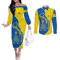 Ukraine Christmas Couples Matching Off The Shoulder Long Sleeve Dress and Long Sleeve Button Shirt with Howling Wolf Sunflower Tree and Traditional Ornament Design - Wonder Print Shop