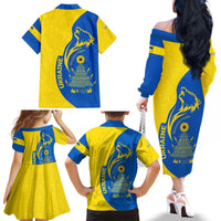 Ukraine Christmas Family Matching Off The Shoulder Long Sleeve Dress and Hawaiian Shirt with Howling Wolf Sunflower Tree and Traditional Ornament Design - Wonder Print Shop