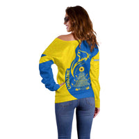 Ukraine Christmas Off Shoulder Sweater with Howling Wolf Sunflower Tree and Traditional Ornament Design - Wonder Print Shop