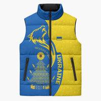 Ukraine Christmas Sleeveless Puffer Jacket with Howling Wolf Sunflower Tree and Traditional Ornament Design - Wonder Print Shop