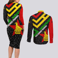 Zimbabwe Christmas Couples Matching Long Sleeve Bodycon Dress and Long Sleeve Button Shirt with Flag Colors Xmas Tree and Holiday - Wonder Print Shop