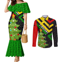 Zimbabwe Christmas Couples Matching Mermaid Dress and Long Sleeve Button Shirt with Flag Colors Xmas Tree and Holiday - Wonder Print Shop