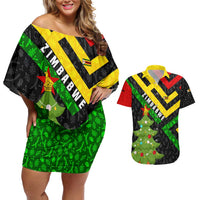 Zimbabwe Christmas Couples Matching Off Shoulder Short Dress and Hawaiian Shirt with Flag Colors Xmas Tree and Holiday - Wonder Print Shop