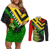 Zimbabwe Christmas Couples Matching Off Shoulder Short Dress and Long Sleeve Button Shirt with Flag Colors Xmas Tree and Holiday - Wonder Print Shop