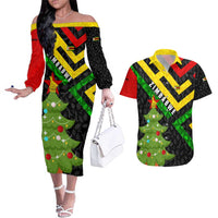 Zimbabwe Christmas Couples Matching Off The Shoulder Long Sleeve Dress and Hawaiian Shirt with Flag Colors Xmas Tree and Holiday - Wonder Print Shop
