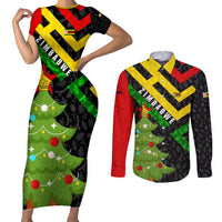 Zimbabwe Christmas Couples Matching Short Sleeve Bodycon Dress and Long Sleeve Button Shirt with Flag Colors Xmas Tree and Holiday - Wonder Print Shop