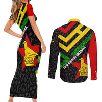 Zimbabwe Christmas Couples Matching Short Sleeve Bodycon Dress and Long Sleeve Button Shirt with Flag Colors Xmas Tree and Holiday - Wonder Print Shop