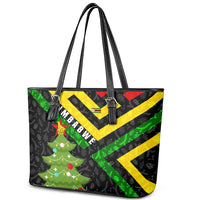 Zimbabwe Christmas Leather Tote Bag with Flag Colors Xmas Tree and Holiday - Wonder Print Shop