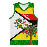 Zimbabwe Christmas Basketball Jersey with Festive Santa Palm Tree and Red Yellow Green Flag - Wonder Print Shop