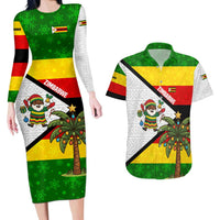 Zimbabwe Christmas Couples Matching Long Sleeve Bodycon Dress and Hawaiian Shirt with Festive Santa Palm Tree and Red Yellow Green Flag - Wonder Print Shop