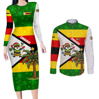 Zimbabwe Christmas Couples Matching Long Sleeve Bodycon Dress and Long Sleeve Button Shirt with Festive Santa Palm Tree and Red Yellow Green Flag - Wonder Print Shop
