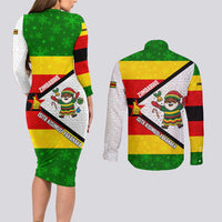 Zimbabwe Christmas Couples Matching Long Sleeve Bodycon Dress and Long Sleeve Button Shirt with Festive Santa Palm Tree and Red Yellow Green Flag - Wonder Print Shop