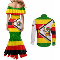 Zimbabwe Christmas Couples Matching Mermaid Dress and Long Sleeve Button Shirt with Festive Santa Palm Tree and Red Yellow Green Flag - Wonder Print Shop