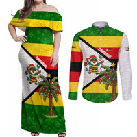 Zimbabwe Christmas Couples Matching Off Shoulder Maxi Dress and Long Sleeve Button Shirt with Festive Santa Palm Tree and Red Yellow Green Flag - Wonder Print Shop