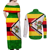 Zimbabwe Christmas Couples Matching Off Shoulder Maxi Dress and Long Sleeve Button Shirt with Festive Santa Palm Tree and Red Yellow Green Flag - Wonder Print Shop