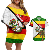 Zimbabwe Christmas Couples Matching Off Shoulder Short Dress and Hawaiian Shirt with Festive Santa Palm Tree and Red Yellow Green Flag - Wonder Print Shop