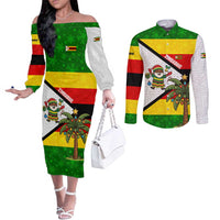 Zimbabwe Christmas Couples Matching Off The Shoulder Long Sleeve Dress and Long Sleeve Button Shirt with Festive Santa Palm Tree and Red Yellow Green Flag - Wonder Print Shop