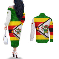 Zimbabwe Christmas Couples Matching Off The Shoulder Long Sleeve Dress and Long Sleeve Button Shirt with Festive Santa Palm Tree and Red Yellow Green Flag - Wonder Print Shop