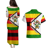 Zimbabwe Christmas Couples Matching Puletasi and Hawaiian Shirt with Festive Santa Palm Tree and Red Yellow Green Flag - Wonder Print Shop