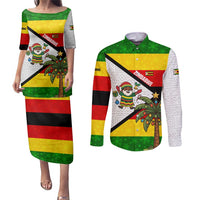 Zimbabwe Christmas Couples Matching Puletasi and Long Sleeve Button Shirt with Festive Santa Palm Tree and Red Yellow Green Flag - Wonder Print Shop