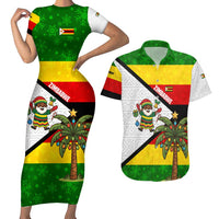 Zimbabwe Christmas Couples Matching Short Sleeve Bodycon Dress and Hawaiian Shirt with Festive Santa Palm Tree and Red Yellow Green Flag - Wonder Print Shop