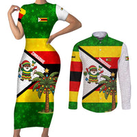 Zimbabwe Christmas Couples Matching Short Sleeve Bodycon Dress and Long Sleeve Button Shirt with Festive Santa Palm Tree and Red Yellow Green Flag - Wonder Print Shop