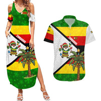 Zimbabwe Christmas Couples Matching Summer Maxi Dress and Hawaiian Shirt with Festive Santa Palm Tree and Red Yellow Green Flag - Wonder Print Shop