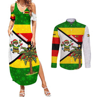 Zimbabwe Christmas Couples Matching Summer Maxi Dress and Long Sleeve Button Shirt with Festive Santa Palm Tree and Red Yellow Green Flag - Wonder Print Shop