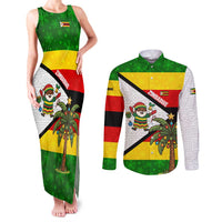 Zimbabwe Christmas Couples Matching Tank Maxi Dress and Long Sleeve Button Shirt with Festive Santa Palm Tree and Red Yellow Green Flag - Wonder Print Shop