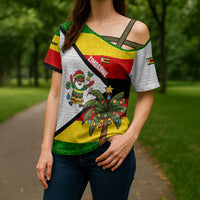 Zimbabwe Christmas Cross Shoulder Shirt with Festive Santa Palm Tree and Red Yellow Green Flag - Wonder Print Shop